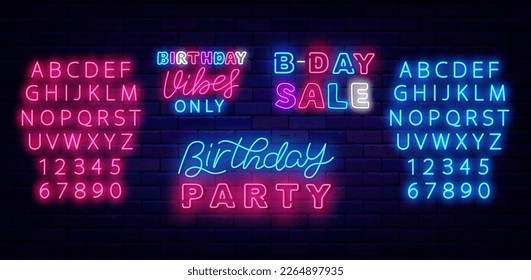 Birthday party neon labels collection. Bday sale. Birthday vibes only. Holiday celebration. Glowing blue and pink alphabet. Light advertising. Luminous greeting card. Vector stock illustration