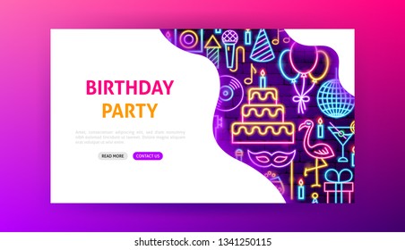 Birthday Party Neon Landing Page. Vector Illustration of Happy Promotion.