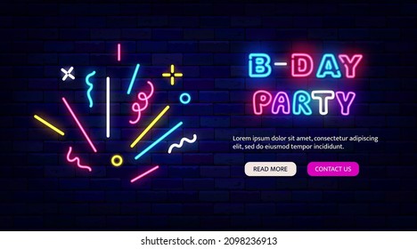 Plantilla de la página de inicio de la fiesta de cumpleaños neon. Confeti colorido. Promoción de la celebración. Tarjeta de saludo de efecto luminoso exterior. Diseño de vacaciones en la pared de ladrillo. Trazo editable. Ilustración de material vectorial