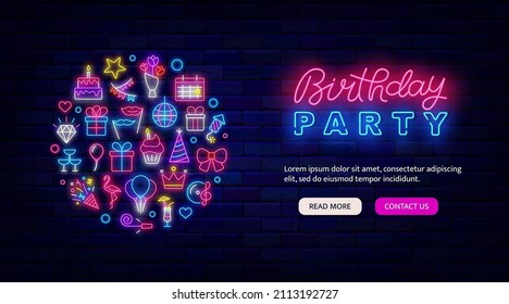 Birthday party neon landing page template. Bright icons. Circle layout. Shiny greeting card. Cake, firework and garland. Holiday promotion on brick wall. Vector stock illustration