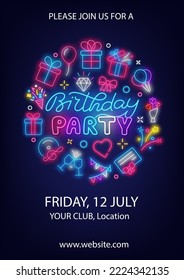 Birthday Party neon poster. Glowing typography. Vertical invitation template. Circle layout with event icons. Light advertising. Present, diamond and heart. Luminous greeting card. Vector illustration