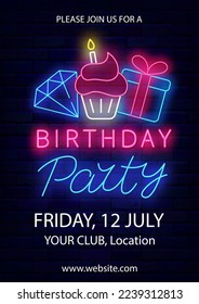 Birthday party neon poster. Light vertical invitation. Cupcake, diamond and gift box. Luminous signboard. Shiny greeting card. Glowing banner. Vector stock illustration