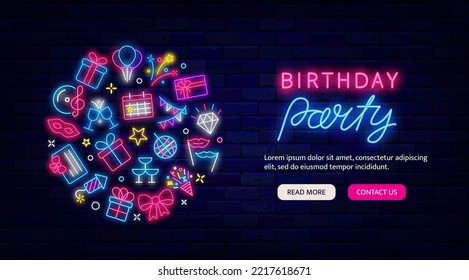 Promoción del neón en la fiesta de cumpleaños. Diseño de círculo con iconos. Plantilla de página de inicio del sitio web. Feliz cumpleaños. Caja de regalo, iconos de confeti. Tarjeta de saludo brillante. Ilustración de material vectorial