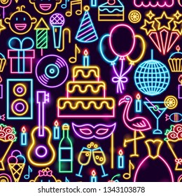 Birthday Party Neon Seamless Pattern. Vector Illustration of Celebration Background.