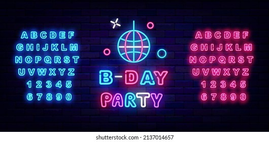 Birthday party neon sign with disco ball. Glowing blue and pink alphabet. Shiny greeting card. Child colorful text. Light effect banner. Event design on brick wall. Vector stock illustration