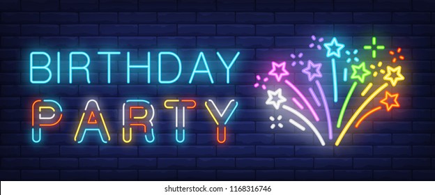 Birthday Party neon sign. Glowing multicolored firework on brick background. Night bright advertisement. Vector illustration in neon style for festivals and parties