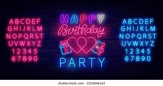 Birthday party neon sign on brick wall. Event poster template. Heart, present and music. Luminous pink and blue alphabet. Holiday celebration. Glowing label. Vector stock illustration