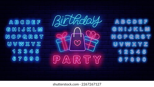 Birthday party neon sign on brick wall. Presents and shopping bag. Light event advertising. Luminous blue and pink alphabet. Shiny greeting card. Glowing banner. Vector stock illustration