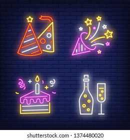 Birthday party neon sign set. Cake with candle, Champagne, cracker, hat. Flyer, invitation, bright banner. Vector illustration in neon style for topics like holiday, celebration, festive event