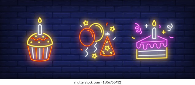 Birthday party neon sign set. Cake with candles, air balloons, cupcake. Vector illustration in neon style for topics like festive event, anniversary, surprise