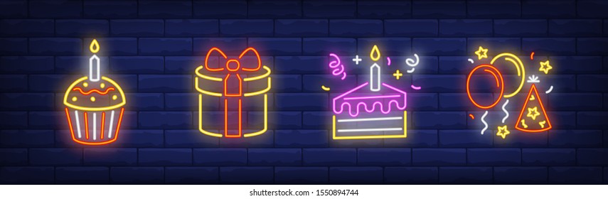 Birthday party neon sign set. Cake with candles, air balloons, cupcake. Vector illustration in neon style for topics like festive event, anniversary, surprise