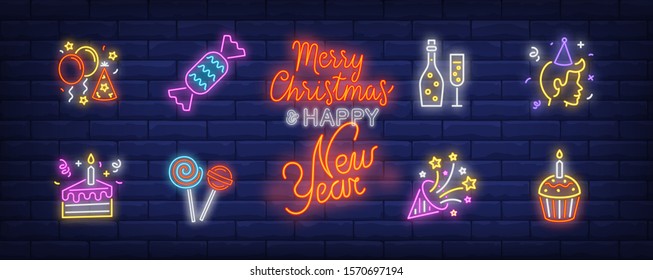 Birthday party neon sign set. Fizzy wine, balloons, hat, person, cake, firework. Vector illustration in neon style, bright banner for topics like holiday, festive event, celebration