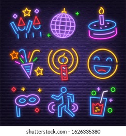 birthday party neon signboard icons vector design