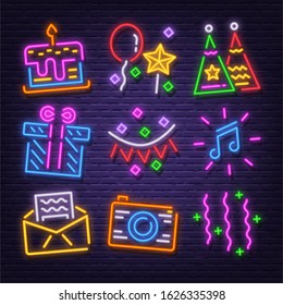 birthday party neon signboard icons vector design
