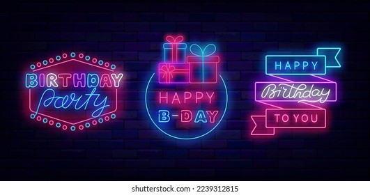 Birthday party neon signs collection. B-Day celebration. Colorful ribbon and vintage frame. Holiday event with firework. Invitation design set on brick wall. Luminous labels pack. Vector illustration