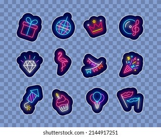 Birthday and party neon stickers collection. Social media emblems pack. Disco ball and garland. Diamond and rocket. Glowing effect item set. Holiday decor design. Editable stroke. Vector illustration