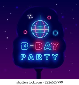 Birthday party neon street billboard. Light outdoor advertising. Disco ball icon. Luminous signboard. Shiny greeting card. Glowing banner. Vector stock illustration