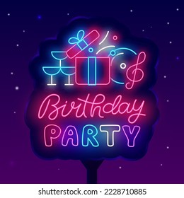 Birthday party neon street billboard. Bright outdoor advertising. Gift box, music and drink glasses. Luminous signboard. Shiny greeting card. Glowing banner. Vector stock illustration