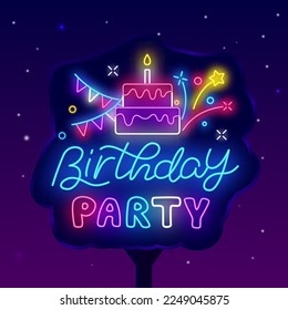 Birthday party neon street billboard. Cake with candle, garland and firework. Light advertising. Luminous label. Bright emblem. Glowing banner. Vector stock illustration