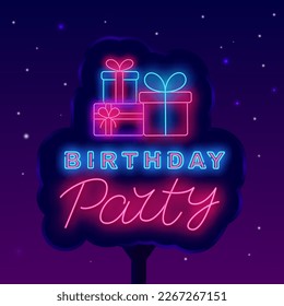 Birthday party neon street billboard. Gift boxes stack. Light advertising. Luminous outdoor label. Bright greeting card. Glowing banner. Vector stock illustration