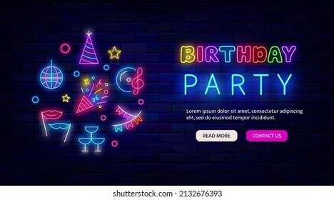 Birthday party neon template. Website landing page with circle layout. Shiny promotion. Child colorful text. Light effect banner. Event design on brick wall. Editable stroke. Vector stock illustration