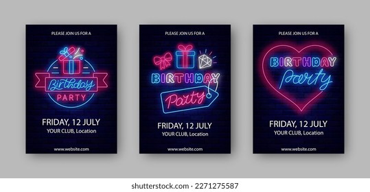 Birthday party neon vertical posters collection. Heart frame. Presents and ribbon. Light event celebration. Luminous flyers. Shiny greeting cards set. Glowing banner. Vector stock illustration