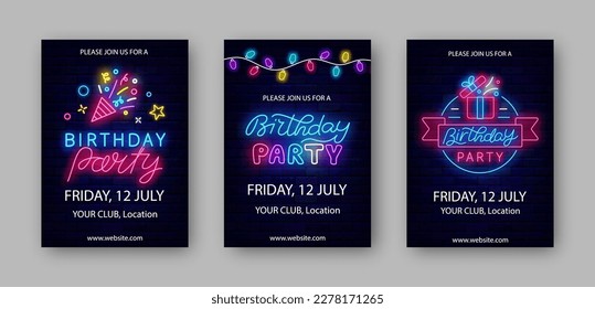 Birthday party neon vertical posters pack. Confetti, present and light bulb garland. Light event celebration. Luminous flyers. Shiny greeting cards set. Glowing banner. Vector stock illustration