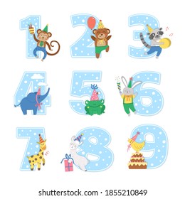 Birthday party numbers set with cute animals. Anniversary card templates for kids. Bright blue holiday illustration with funny forest and tropical characters. Festive design collection for children
