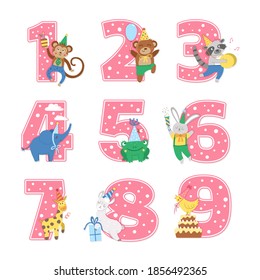 Birthday party numbers set with cute animals. Anniversary card templates for kids. Bright pink holiday illustration with funny forest and tropical characters. Festive design collection for children