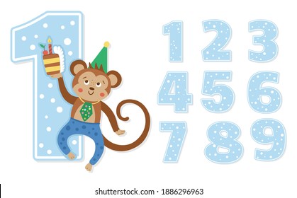 Birthday party numbers set with cute monkey. Anniversary card templates for kids. Bright blue holiday illustration with funny tropical character. Festive one year old design for children
