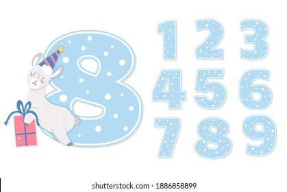 Birthday party numbers set with cute llama. Anniversary card templates for kids. Bright blue holiday illustration with funny Mexican character. Festive eight year old design for children
