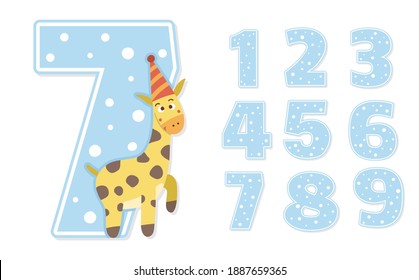 Birthday party numbers set with cute giraffe. Anniversary card templates for kids. Bright blue holiday illustration with funny tropical character. Festive seven year old design for children
