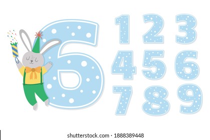 Birthday party numbers set with cute rabbit. Anniversary card templates for kids. Bright blue holiday illustration with funny forest character. Festive six year old design for children
