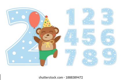 Birthday party numbers set with cute bear. Anniversary card templates for kids. Bright blue holiday illustration with funny forest character. Festive two year old design for children
