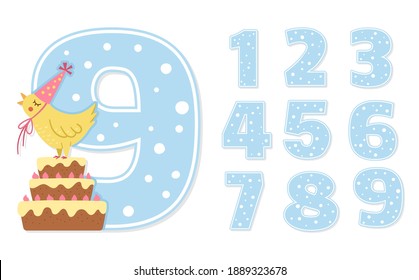 Birthday party numbers set with cute chicken on a cake. Anniversary card templates for kids. Bright blue holiday illustration with funny bird character. Festive nine year old design for children
