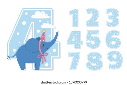 Birthday party numbers set with cute elephant. Anniversary card templates for kids. Bright blue holiday illustration with funny tropical character. Festive four year old design for children
