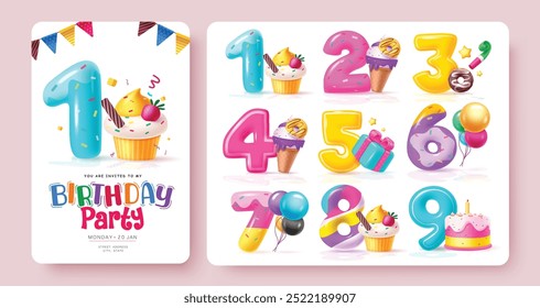 Birthday party numbers vector set design. Birthday greeting with colorful numbers, cup cake, cake, balloons and gift box decoration elements. Vector illustration invitation card set. 
