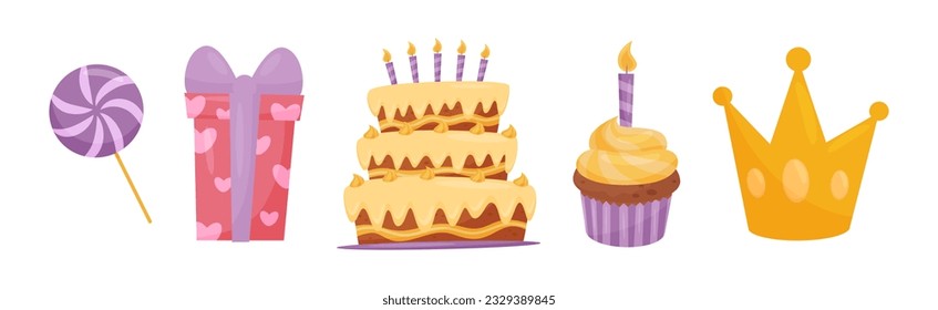 Birthday Party Object with Gift Box, Cake, Crown and Candy Vector Set