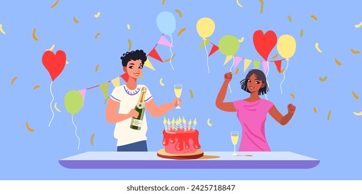 Birthday party with office colleagues and friends from work.  Giving cake and using confetti. Happy girl sits at table with  near business partner who congratulated on birthday. Vector illustration