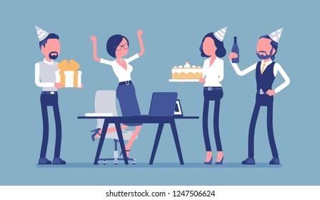 Birthday party in the office. Female happy employee in celebration and giving gifts by friends, coworkers assemble for interaction, entertainment at workplace. Vector illustration, faceless characters