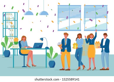 Birthday party in office flat vector illustration. Workers organize holiday, congratulate boss. Interaction, entertainment at workplace. Business team giving gifts to colleague cartoon characters
