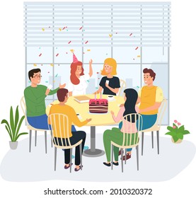 Birthday party in office flat vector illustration. Workers organize holiday, congratulate boss. Interaction, entertainment at workplace. Business team celebrate giving gifts and cake to colleague