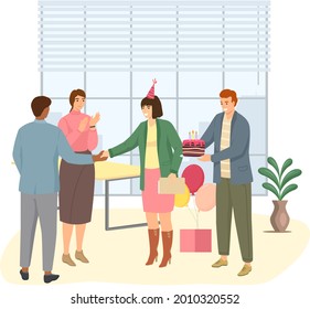 Fiesta de cumpleaños en la ilustración de vector plana de la oficina. Los trabajadores organizan vacaciones, felicita jefe. Interacción, entretenimiento en el lugar de trabajo. Equipo de negocios entregando globos y pasteles a un colega