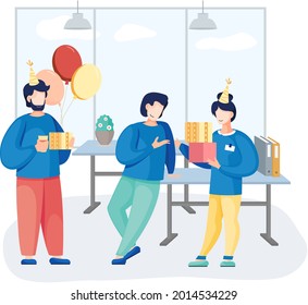 Birthday party in office flat vector illustration. Workers organize holiday, congratulate boss. Interaction, entertainment at workplace. Business team giving gifts balloonns and cake to colleague