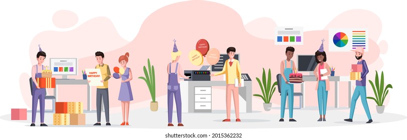 Birthday party in office flat vector illustration. Workers organize holiday, congratulate boss. Interaction, entertainment at workplace. Business team celebrate giving gifts and cake to colleague