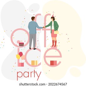 Birthday party in office flat vector illustration. Workers organize holiday, congratulate boss. Interaction, entertainment at workplace. Business team giving gifts balloonns and cake to colleague