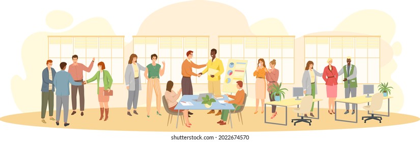 Fiesta de cumpleaños en la ilustración de vector plana de la oficina. Los trabajadores organizan vacaciones, felicita jefe. Interacción, entretenimiento en el lugar de trabajo. Equipo de negocios entregando globos y pasteles a un colega