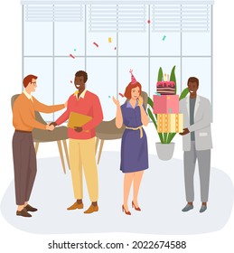 Birthday party in office flat vector illustration. Workers organize holiday, congratulate boss. Interaction, entertainment at workplace. Business team celebrate giving gifts and cake to colleague