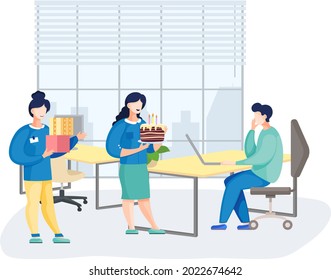 Fiesta de cumpleaños en la ilustración de vector plana de la oficina. Los trabajadores organizan vacaciones, felicita jefe. Interacción, entretenimiento en el lugar de trabajo. Equipo de negocios entregando globos y pasteles a un colega