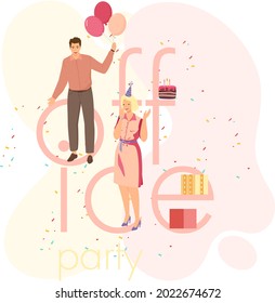 Birthday Party In Office Flat Vector Illustration. Workers Organize Holiday, Congratulate Boss. Interaction, Entertainment At Workplace. Business Team Giving Gifts Balloonns And Cake To Colleague